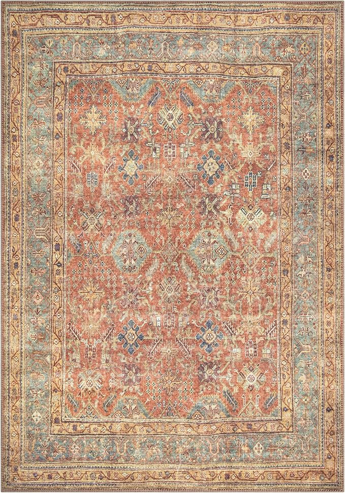 Bloom Rugs Washable Non-Slip 8' x 10' Rug - Terracotta/Mustard Traditional Area Rug for Living Room, Bedroom, Dining Room, and Kitchen - Exact Size: 8' x 10'
