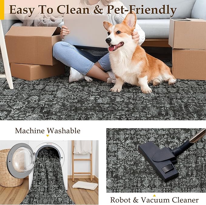 Dark Black Area Rug 5x7 Machine Washable Vintage Living Room Distressed Non Slip Carpet Traditional Indoor Bedroom Retro Floral Accent Throw Large Rug Office Kitchen Bathroom Dining Room