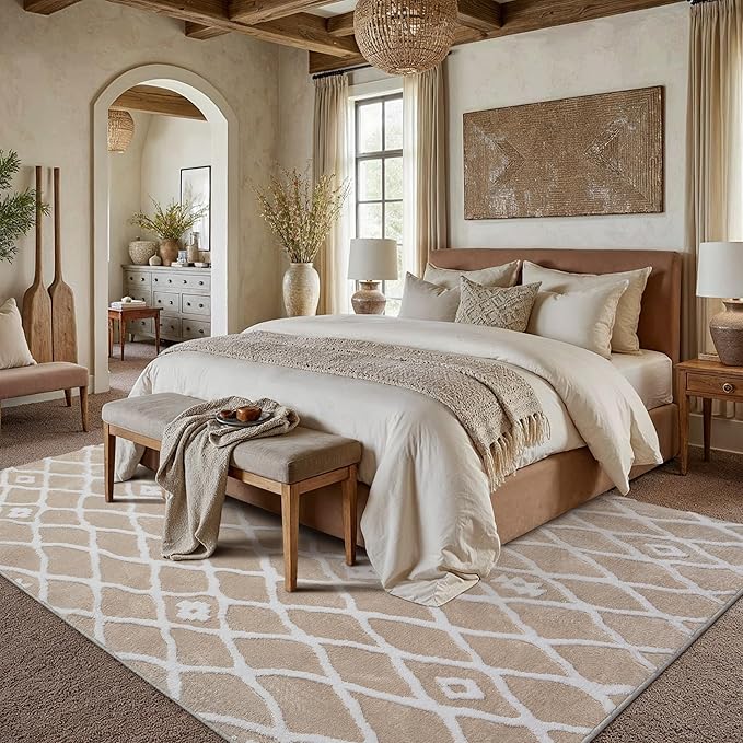 Beige 8x10 Area Rug Moroccan Shag Living Room Washable Carpet Soft Non Shedding Neutral Boho Plush Pile Modern Large Throw Rug for Office Bedroom Dining Room Playroom