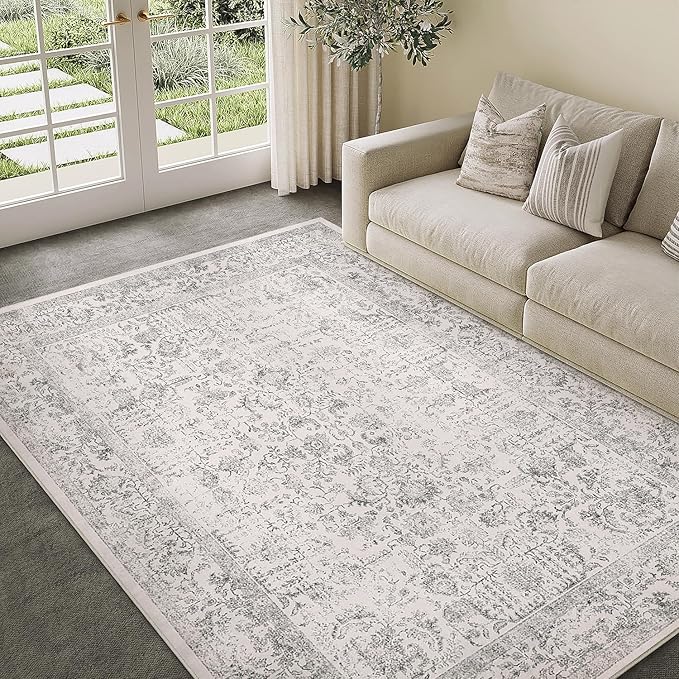 Gray Area Rug 6x9 Machine Washable Vintage Living Room Distressed Non Slip Carpet Traditional Indoor Bedroom Grey Retro Floral Accent Throw Large Rug for Office Kitchen Dining Room