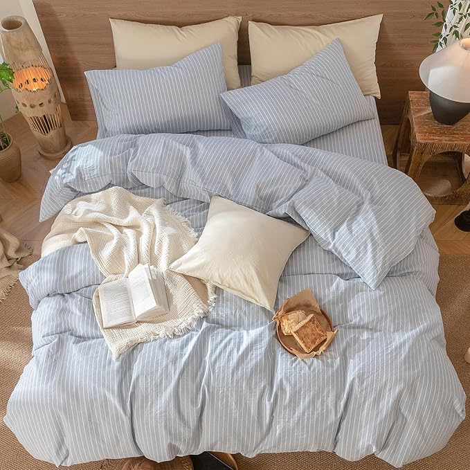 MooMee Striped Duvet Cover Set 100% Washed Cotton Linen Like Textured Breathable Durable Soft Comfy (Cornflower Blue White Wide Stripes, Super King 108"x98")