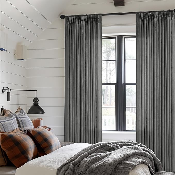 Charcoal Gray Linen Pinch Pleated Curtains 120 Inches Long for Living Room Pleated Drapes Back Tab Thick Linen Dark Grey Simple Modern Neutral Farmhouse Extra Long 120 Inch Curtain for Dining Bedroom