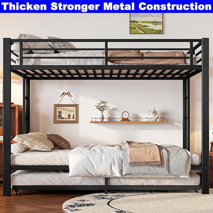 Upgraded Version Thicken Metal Heavy-Duty Queen Over Queen Bunk Bed with Trundle, Best Modern Style Stronger Queen Size Bunk Bed Frame with Ladder for Adults, Easy Assembly (Queen with Trundle)