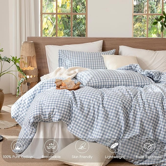 MooMee Gingham Duvet Cover Set 100% Washed Cotton Linen Like Textured Breathable Durable Soft Comfy Modern Checkered Design (Classic Gingham Cornflower Blue, Cal King 104"x98")