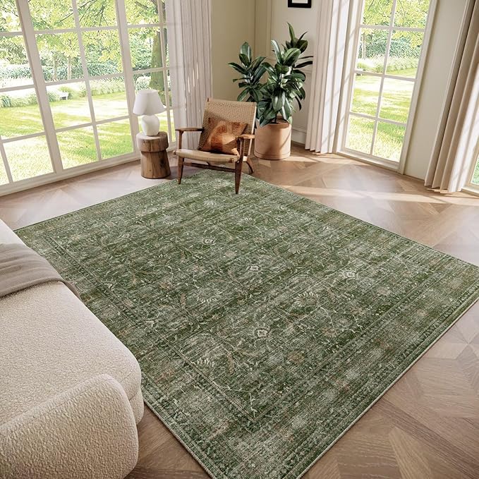 Washable 6x9 Area Rugs for Living Room, Boho Non-Slip Vintage Distress Large Rugs for Bedroom Dining Room Nursery Office, 0.3" Neutral Oriental Throw Thin Carpet, Grass Green/Multi