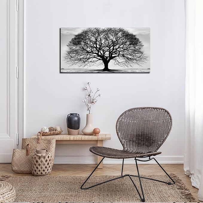 Prepeyssee Tree of Life Wall Art Large Artwork Black and White Wall Art Modern Landscape Nature Canvas Prints Decor for Living Room Bedroom Office Ready to Hang 20"x40"