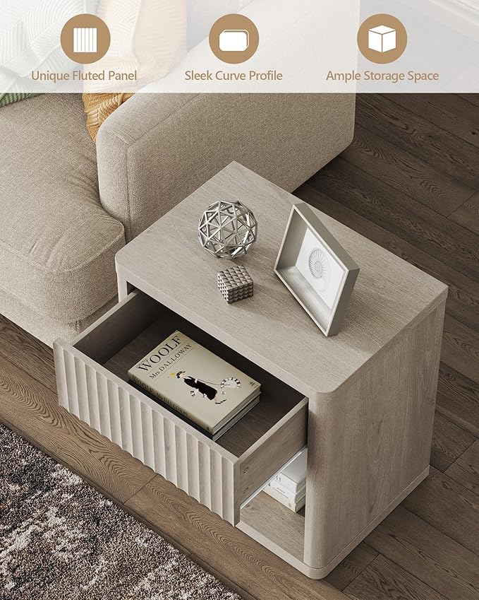 SICOTAS Night Stand Set of 2 Nightstands with Drawer Storage Fluted Bed Side Table End Table Large Modern Wide Bedside Stand Mid Century Night Stands for Bedroom Living Room Sofa Office, White Alder