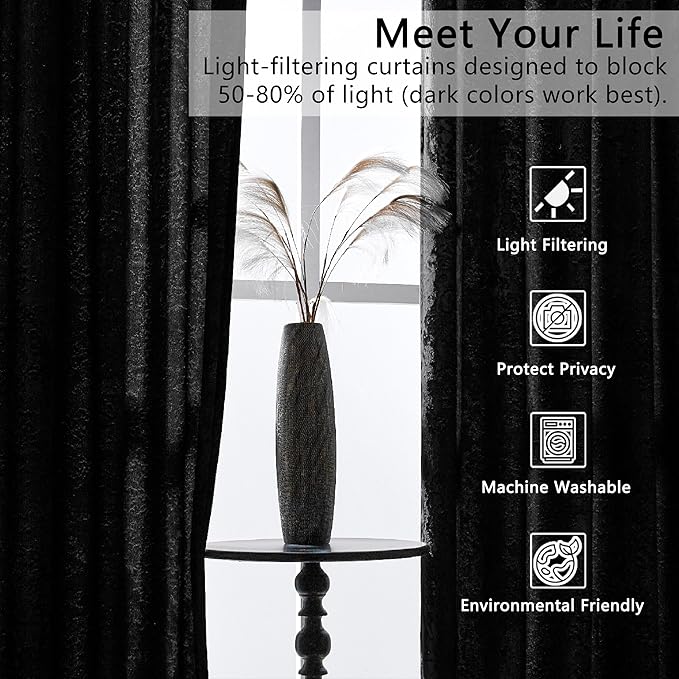 SMILETIME Black Crushed Velvet Curtains 52x96inch Rod Pocket Luxurious Thermal Insulated Soundproof Drapes Soft and Durable Light-Filtering Window Treatments for Living Room Bedroom, 2 Panels