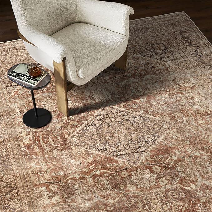 vivorug 9x12 Area Rugs for Living Room, Non Slip Machine Washable Vintage Rug, Ultra-Thin Lightweight Large Area Rug for Bedroom, Dining Room, Low Pile Rug Earth Tone