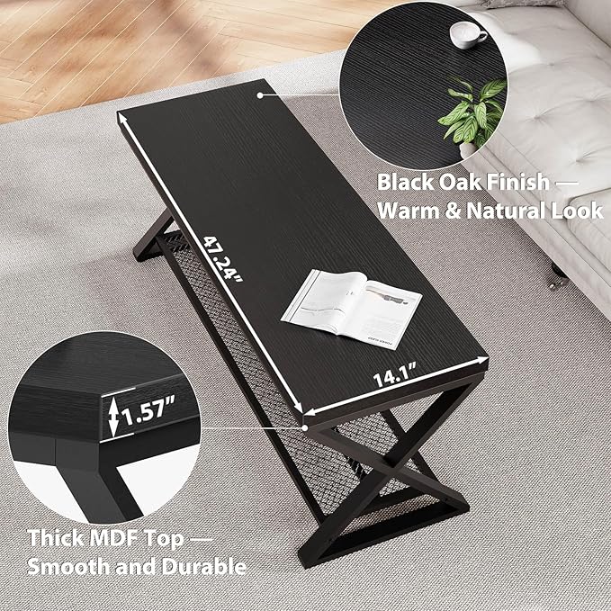 LVB Black Bench, Industrial Entryway Bench with Storage, Indoor Wood and Metal Storage Bench for Living Room Bedroom, Accent Shoe Rack Seating Bench for Hallway Foyer Entrance, Black Oak, 47 inch
