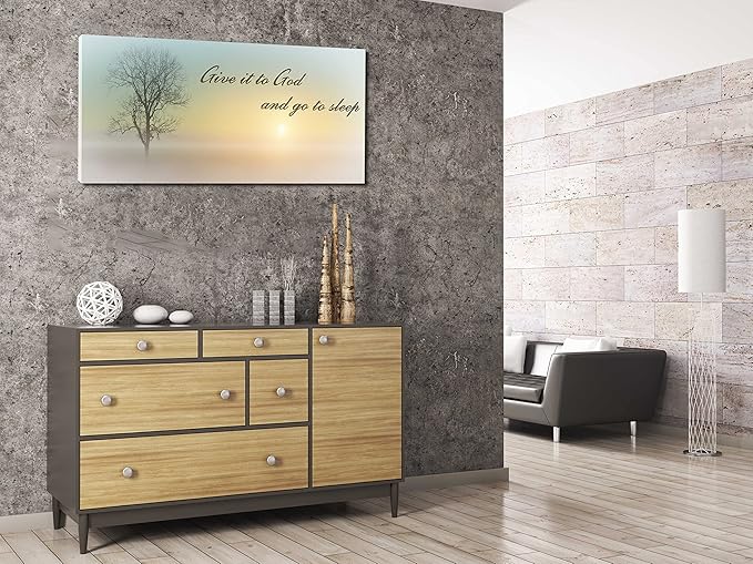 Misty Sunset & Tree Plant Picture For Bedroom Above Bed,Large White Country Wood Sign For Bathroom Canvas Wall Art,Give It To God And Go To Sleep Artwork Decor,Gallery Wrapped Gift,Inner Frame(24x48)