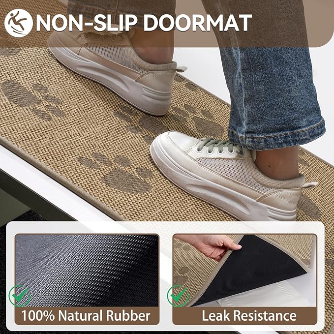 Door Mat Indoor Entrance 31"x47", 0.16" Thin Paw Print Low Pile Doormat, Non Slip Welcome Mat, Trap Dirt and Moisture, Easy Clean, Brown