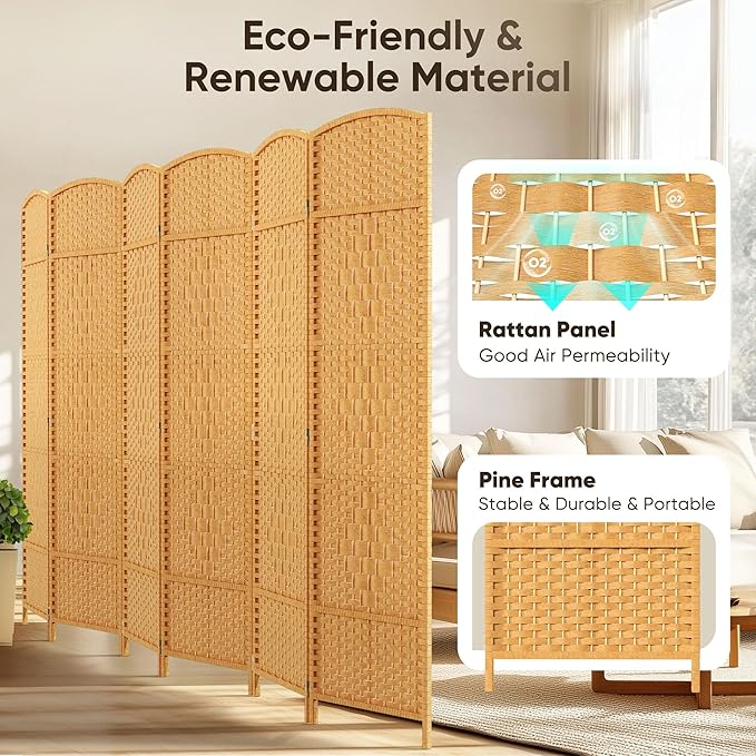 JOSTYLE Room Divider 6ft. Tall Extra Wide Extra Wide Privacy Screen, Folding Privacy Screens with Diamond Double-Weave Room dividers and Freestanding Room Dividers Privacy Screens(Yellow, 6-Panel)