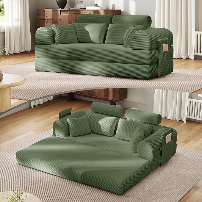 Upgrade High Backrest Design Sofa Bed with Fixed-Shape Frame & Removable Armrests and Backrest, Corduroy Fabric, Convertible Mattress Couch for Small Spaces - No Assembly (High Backrest Olive Green)