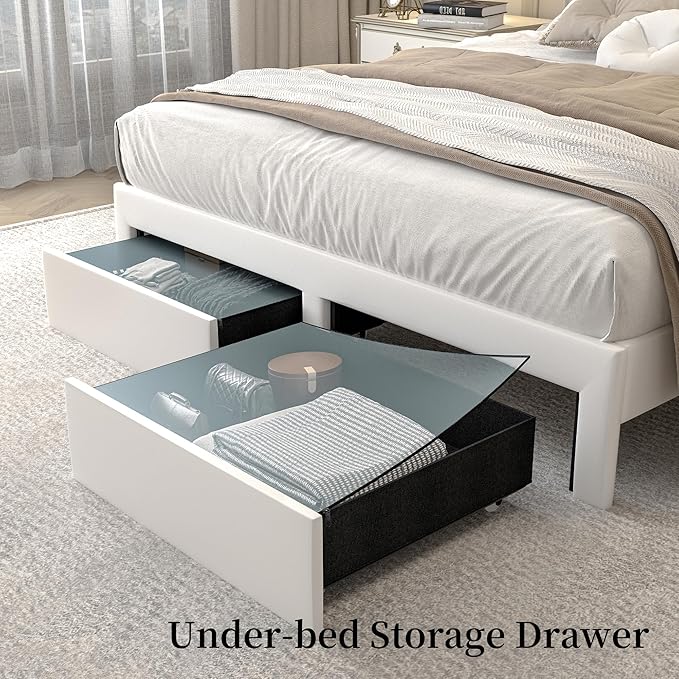 King LED Bed Frame with 2 Storage Drawers, PU Upholstered Platform Beds with Galaxy Star Projector Charging Station Speaker, Aurora Bedframe with 2-Tier Storage Headboard, Noise-Free, White