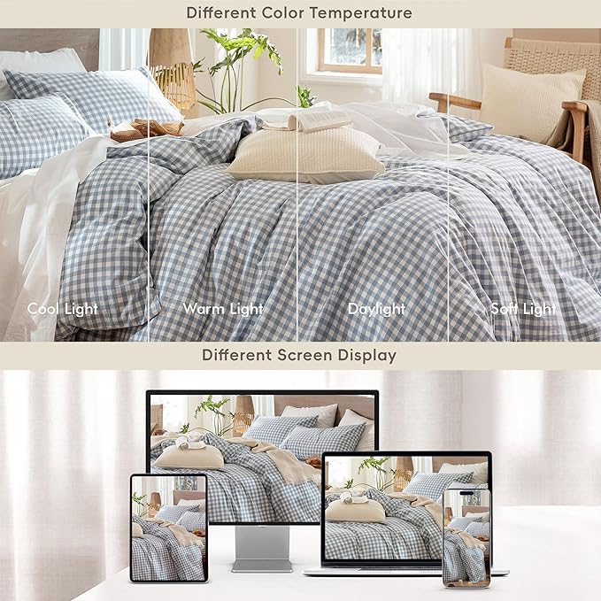 MooMee Gingham Duvet Cover Set 100% Washed Cotton Linen Like Textured Breathable Durable Soft Comfy Modern Checkered Design (Classic Gingham Cornflower Blue, Cal King 104"x98")