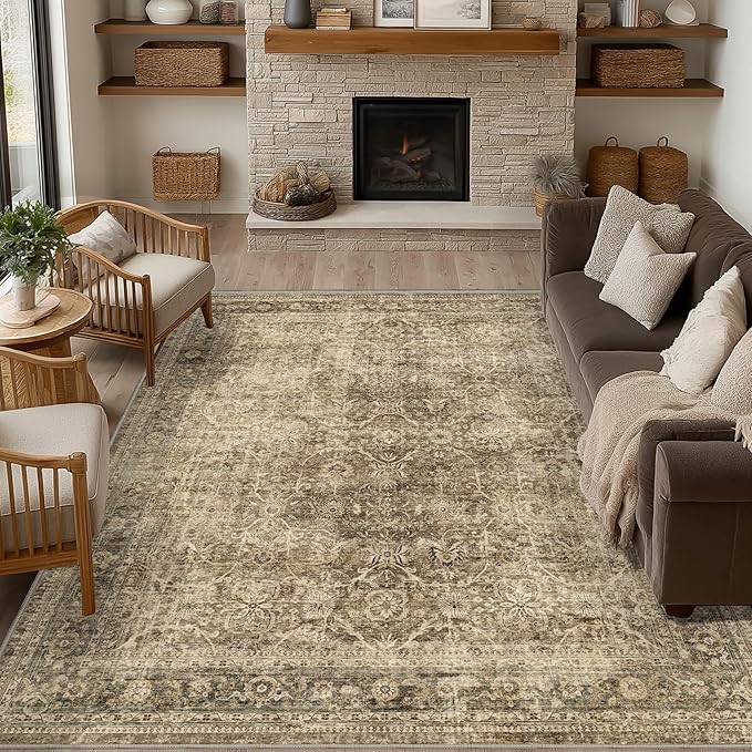 FMFUNCTEX 9x12 Washable Area Rug Brown Vintage Neutral Distressed Large Non Slip Carpet for Living Room Bedroom Soft Low Pile Indoor Mat Retro Floral Throw Rug for Dining Room Kitchen Office Nursery