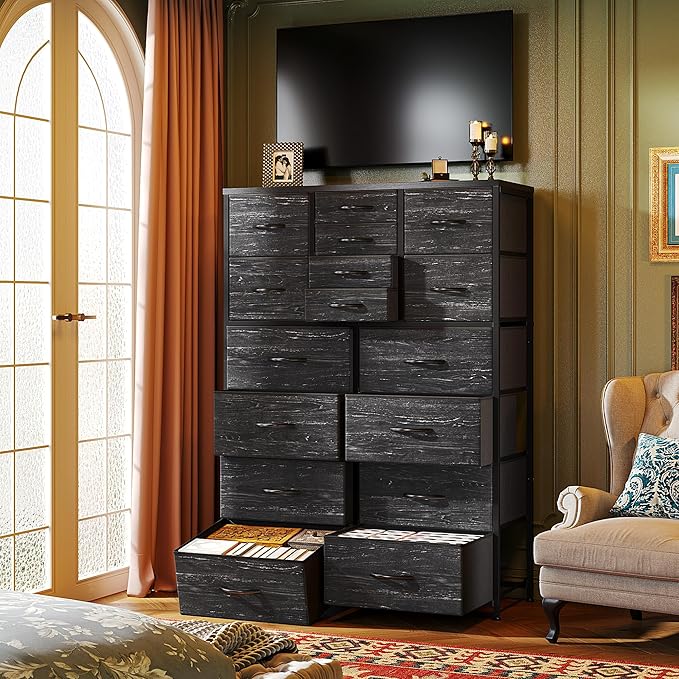 57“H Dresser for Bedroom with Drawers, Fabric Dressers & Chests of Drawers, Large Black Dresser with Sturdy Metal Frame, Wood Top,Entryway, Hallway