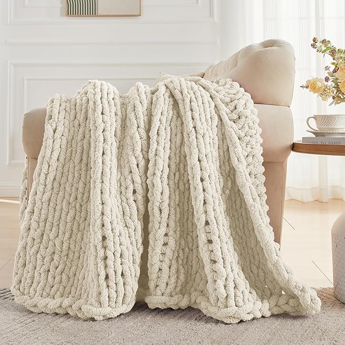 Carriediosa Chunky Knit Throw Blanket 50" X 60", 100% Hand Made Large Chenille Loop Yarn Soft Fluffy Throws for Couch Sofa Bed, Big Crochet Cozy Heavy Thick Cable Woven Blanket, Light Beige