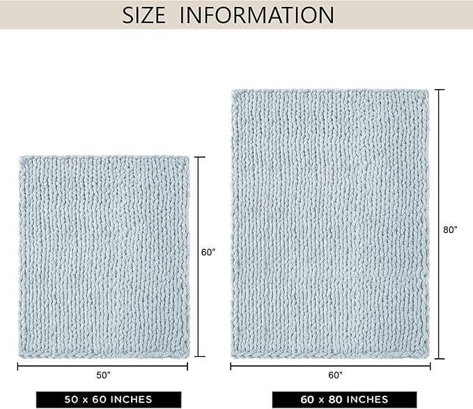 Chunky Knit Throw Blanket 60"X 80", 100% Handmade with Soft Chenille Yarn, 6.7lbs Thick Cable Knitted Blankets, Large Rope Knot Crochet Throws for Couch Sofa Bed Home Decor, Baby Blue
