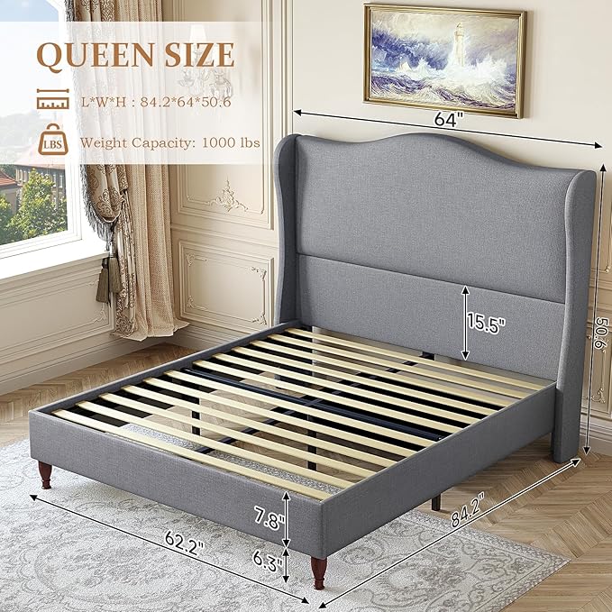koorlian Queen Bed Frame Upholstered Platform Bed with 51" Tall Headboard Wingback, Soft Fabric, Retro Simple Style No Box Spring Needed, Easy Assembly, Grey