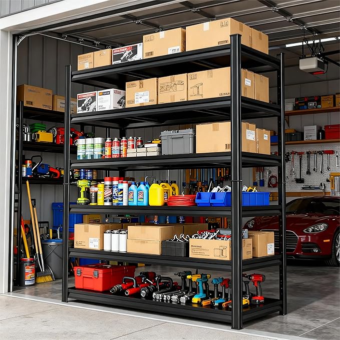 77'' Storage Shelves, Garage Metal Shelving Unit, Adjustable, Double-Layer Column with Reinforced Ribs, Heavy-Duty, Capable of Bearing 3600 lbs, Suitable for Garage, Warehouse, Kitchen Storage