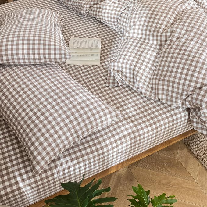 MooMee Gingham Duvet Cover Set 100% Washed Cotton Linen Like Textured Breathable Durable Soft Comfy Modern Checkered Design (Brown Gingham, Queen 90"x90")
