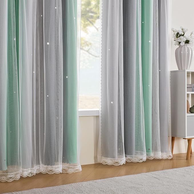 XiDi Curtains for Bedroom Decor, Rainbow Green LightgreyGrey52/54/1