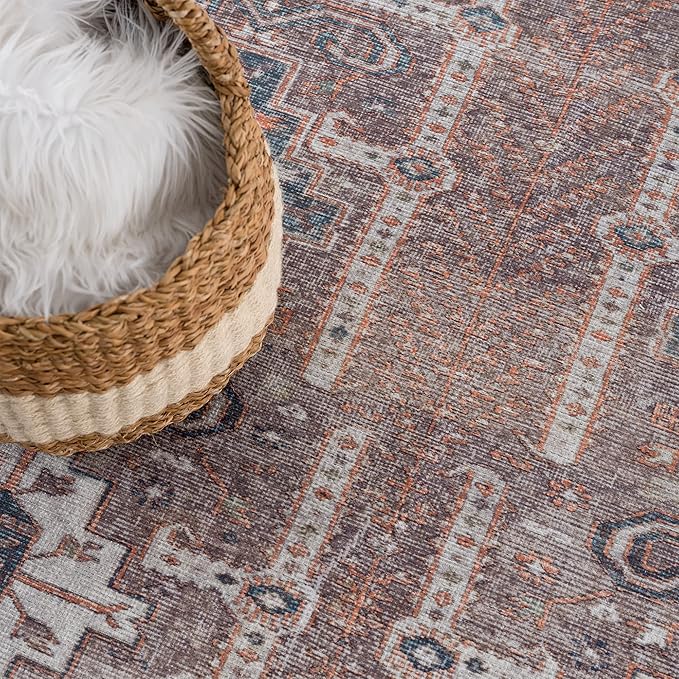 Bloom Rugs Washable Non-Slip 2' x 3' Rug - Brown/Blue/Orange Traditional Oriental Area Rug for Living Room, Bedroom, Dining Room, and Kitchen - Exact Size: 2' x 3'