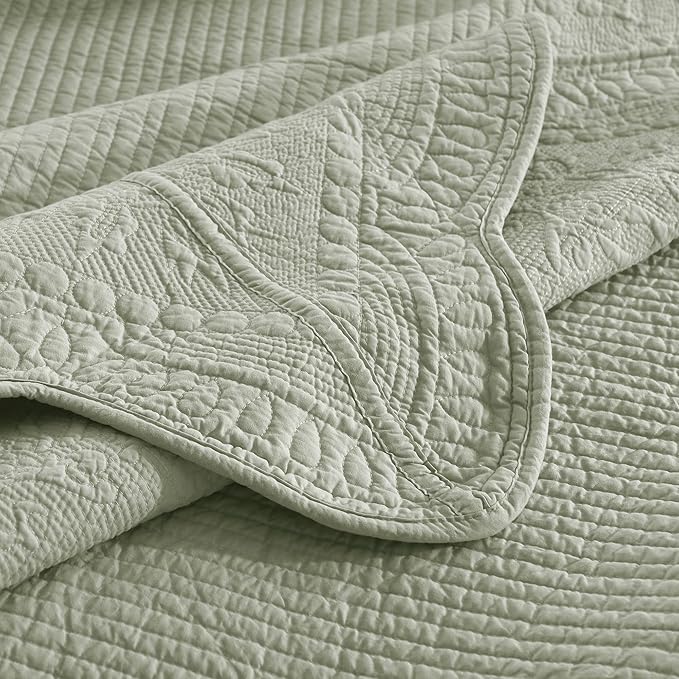 MarCielo 3-Piece 100% Cotton Oversized Bedspread Lightweight Quilt Coverlet Embroidery Farmhouse Bedding Set (TG Pale Green, Oversized King (118"x106"))