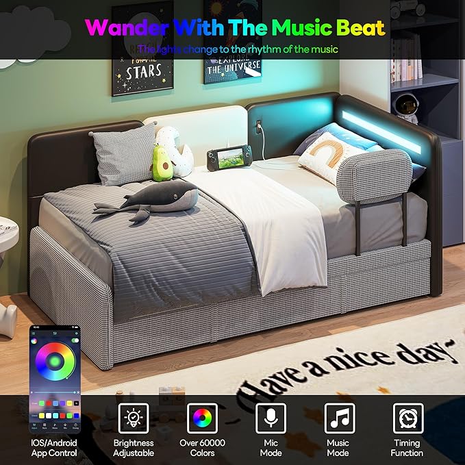 LIKIMIO Twin Daybed with Trundle, Day Bed Frame with 2 USB Ports& LED, Upholstered Guardrail, Sofa Bed with Strong Supports for Bedroom, Living Room