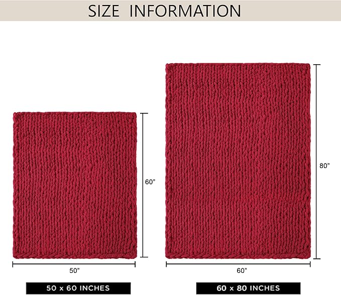 Chunky Knit Throw Blanket 50"X 60", 100% Handmade with Soft Chenille Yarn, 4.4lbs Thick Cable Knitted Blankets, Large Rope Knot Crochet Throws for Couch Sofa Bed Home Decor, Red