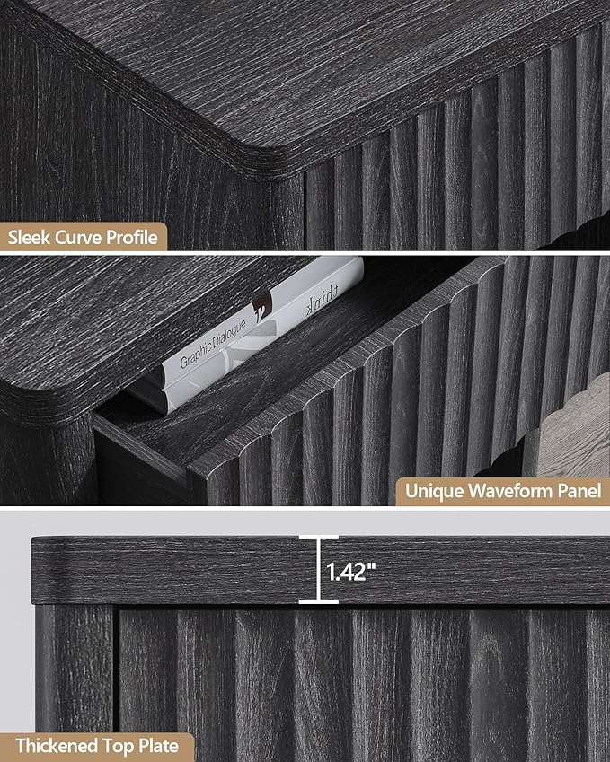 SICOTAS Night Stand Set of 2 Nightstands with Drawer Storage Fluted Bed Side Table End Table Large Modern Wide Bedside Mid Century Night Stands for Bedroom Living Room Sofa Office, Dark Grey Alder