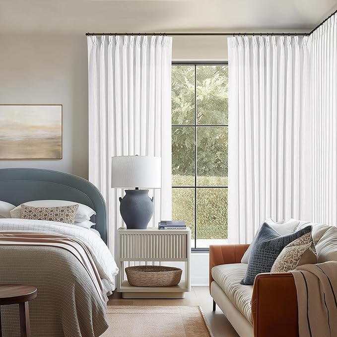 Extra Wide 102 Inch Long Curtains 70 Inch Width Pinch Pleat Linen Curtains for Living Room BedroomLight Filtering Privacy Pleated Hooks Rings Back Tab for Sliding Door White 1 Panel