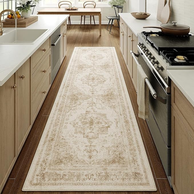 Runner Rug 2x10 Cream Hallway Washable Beige Carpet Non Slip Vintage Medallion Beige Carpet Low Pile Soft Distressed Retro Indoor Long Rug for Entryway Kitchen Bathroom Laundry Bedroom