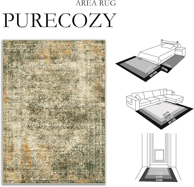 Area Rug 6x9 Brown Washable Non-Slip Lightweight Floral Vintage Distress Print Rug for Living Room Low Pile Soft Throw Indoor Carpet for Office College Dorm Laundry Dining Room Bedroom