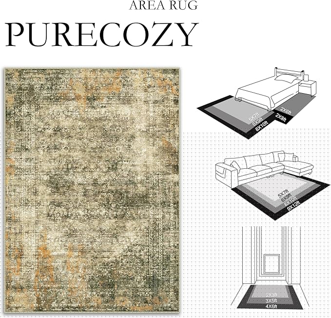 Area Rug 8x10 Brown Washable Non-Slip Lightweight Floral Vintage Distress Print Rug for Living Room Low Pile Soft Throw Indoor Carpet for Office College Dorm Laundry Dining Room Bedroom