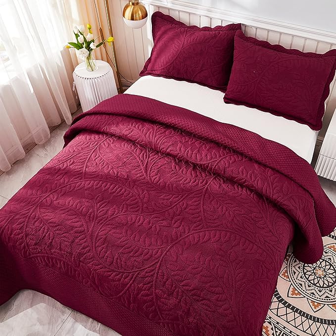 MarCielo 3-Piece 100% Cotton Oversized Bedspread Lightweight Quilt Coverlet Embroidery Farmhouse Bedding Set T0 (Wine Burgundy, Oversized Queen (100"x106"))