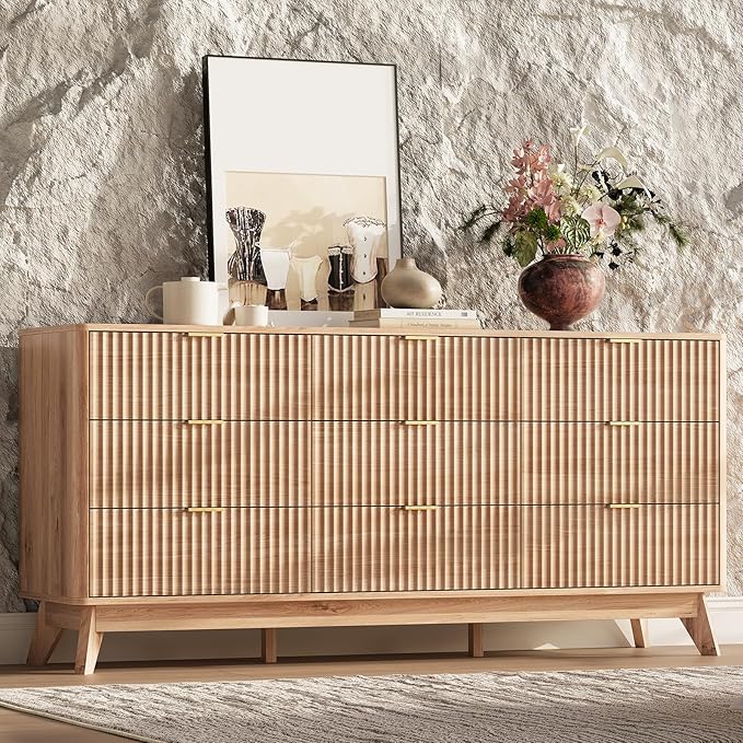 63'' Wide 9 Drawers Dresser for Bedroom,Modern Fluted Vertical Chest with Rounded Corners,Fluted Dresser for Living Room,Hallway, Natural Wood