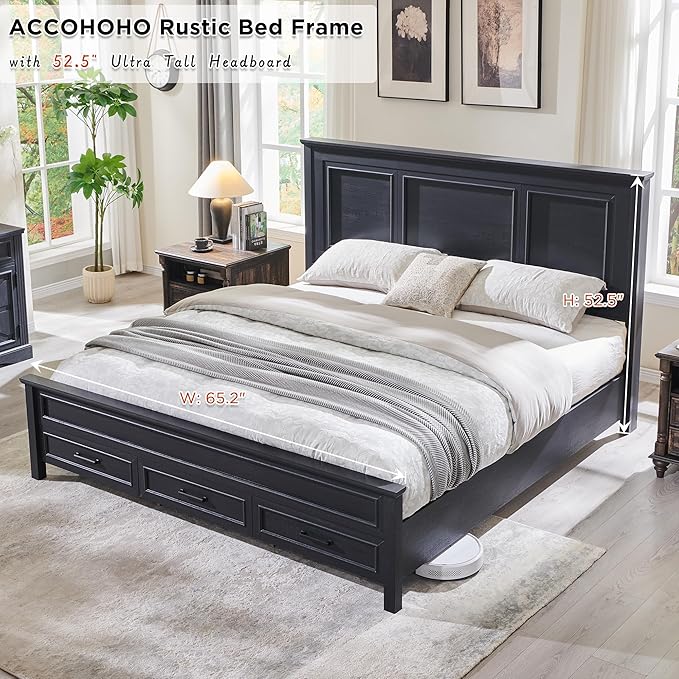 ACCOHOHO Farmhouse Queen Size Bed Frame with 52" Tall Headboard, Wood Platform Bedframe with Footboard and Storage Drawers, No Squeak, No Box Spring Needed, Black