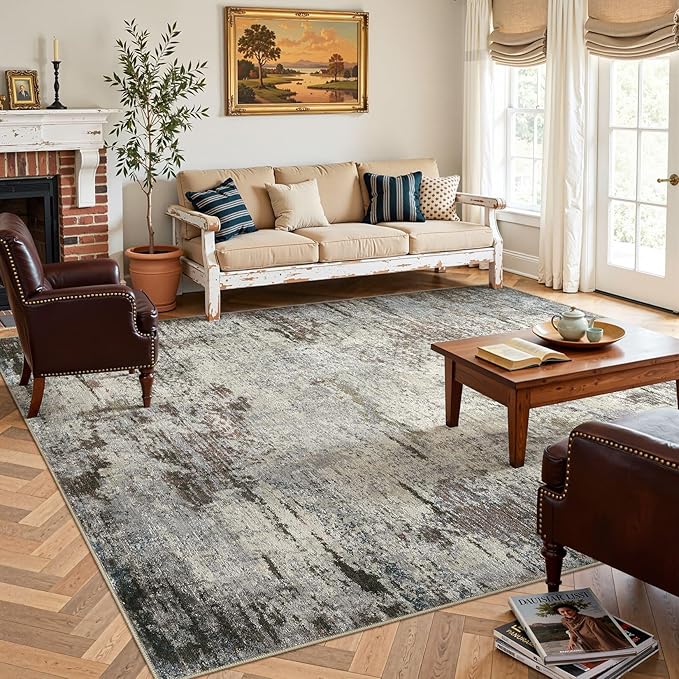 Area Rug Living Room Rugs - 8x10 Washable Large Soft Indoor Neutral Modern Abstract Low Pile Rug Carpet for Bedroom Dining Room Farmhouse Home Office - Brown Rust
