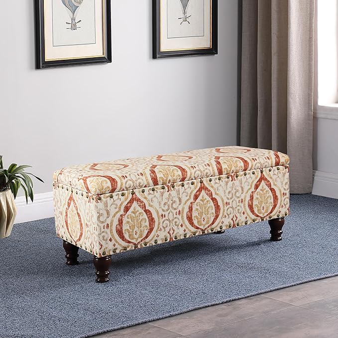 HomePop Large Storage Bench with Nailhead Trim -Orange and Cream Medallion