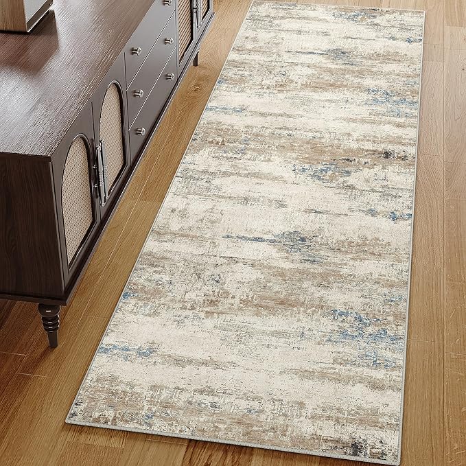 2x6 Runner Rug Hallway Kitchen Washable Abstract Neutral Modern Small Long Beige Brown Carpet Bedroom Bedside Non Slip Low Pile Soft Thin Indoor Throw Rug Entryway Bathroom Door Mat