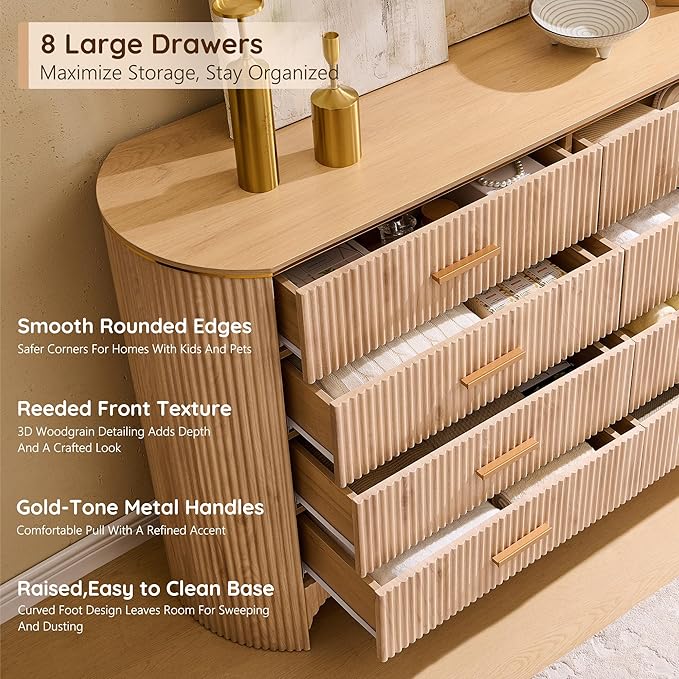 Fluted 8 Drawer Dresser for Bedroom with Curved Profile, Reeded Front Panels, 53.9” Wide Chest of Drawers Storage Cabinet with Smooth-Glide Drawers for Living Room, Light Oak