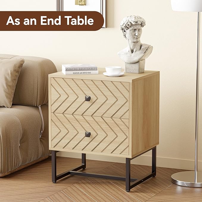 Modern Nightstand with Two Storable Drawers,Sturdy Bedside Table Space-Saving Night Stand with Black Metal Legs for Bedroom,Oak