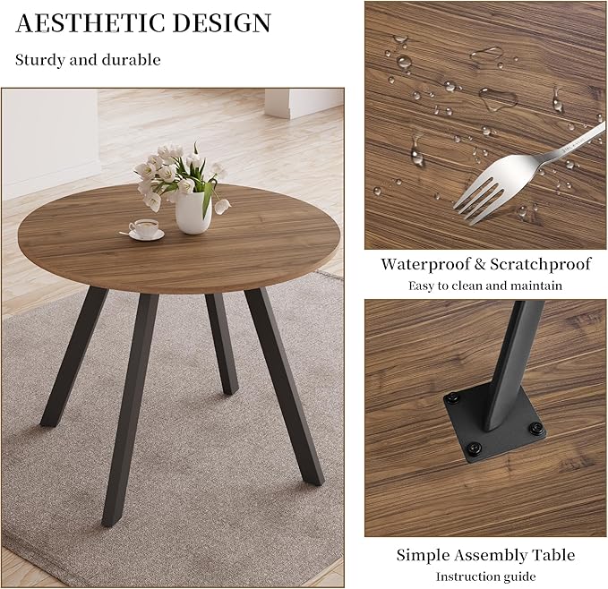 34.6'' Round Dining Table and Chairs for 4 Space Saving for Apartment Kitchen Dining Room (Walnut Table+4 U-Shaped Black Chairs)