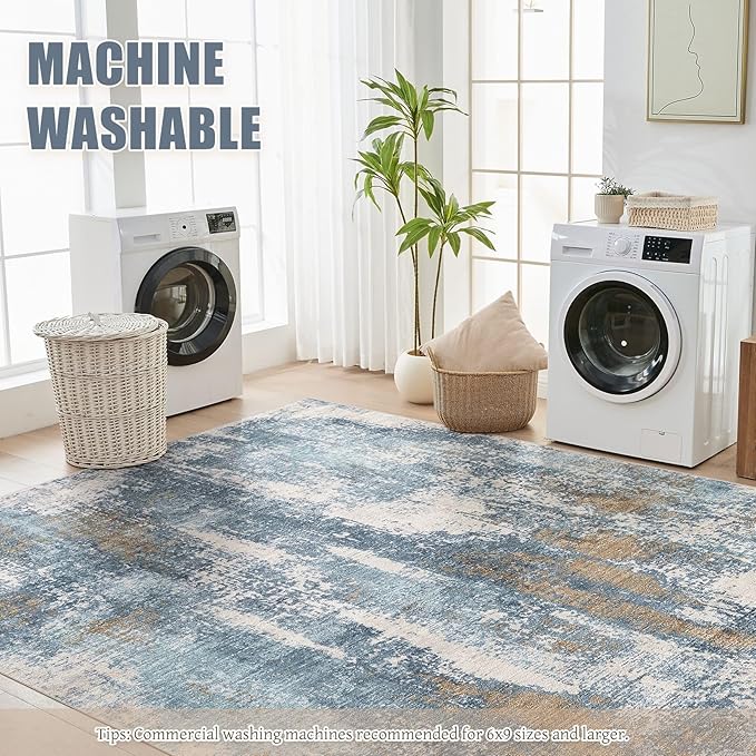 Area Rug Living Room Rugs - 6x9 Washable Soft Indoor Neutral Modern Abstract Low Pile Rug Carpet for Bedroom Dining Room Farmhouse Home Office - Blue Brown