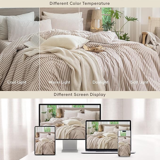MooMee Striped Duvet Cover Set 100% Washed Cotton Linen Like Textured Breathable Durable Soft Comfy (Orange Classic Stripes, King 104"x90")