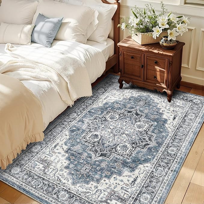 4x6 Area Rug for Bedroom Machine Washable Low Pile Vintage Distressed Rugs Stain Resistant Faux Wool Rug Ultra Soft Non-Slip Area Rugs for Living Room, Playroom, Kitchen,Home Office