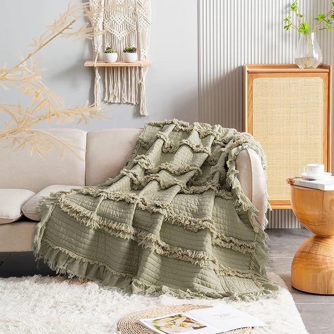 Ultra Soft Pre-Washed Quilted Throw Blanket, Ruffle Fringed Olive Green Decorative Throw, Sage Green Stone Washed Chic Rustic Blanket for Sofa Couch Bed, 50"x 60"